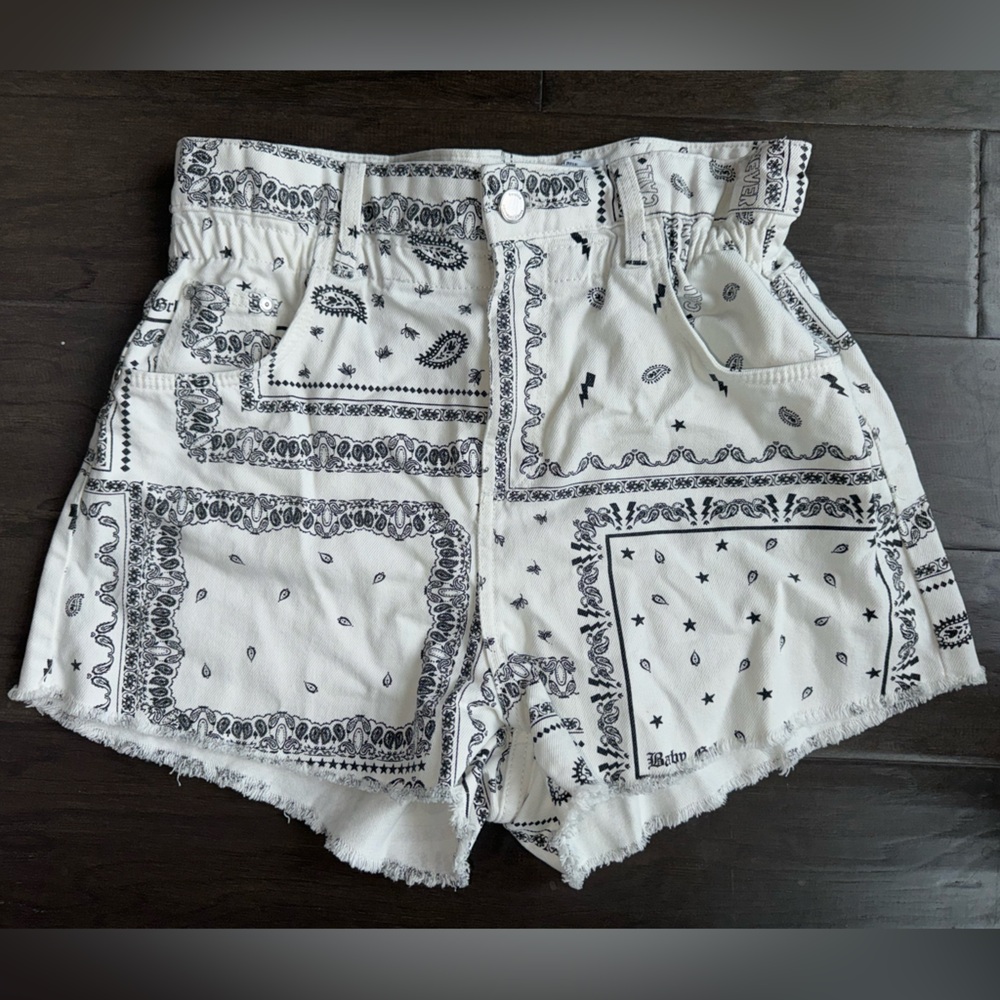 Bershka High Rise Paperbag Style Denim Shorts (Black & White Print, Size US 10)